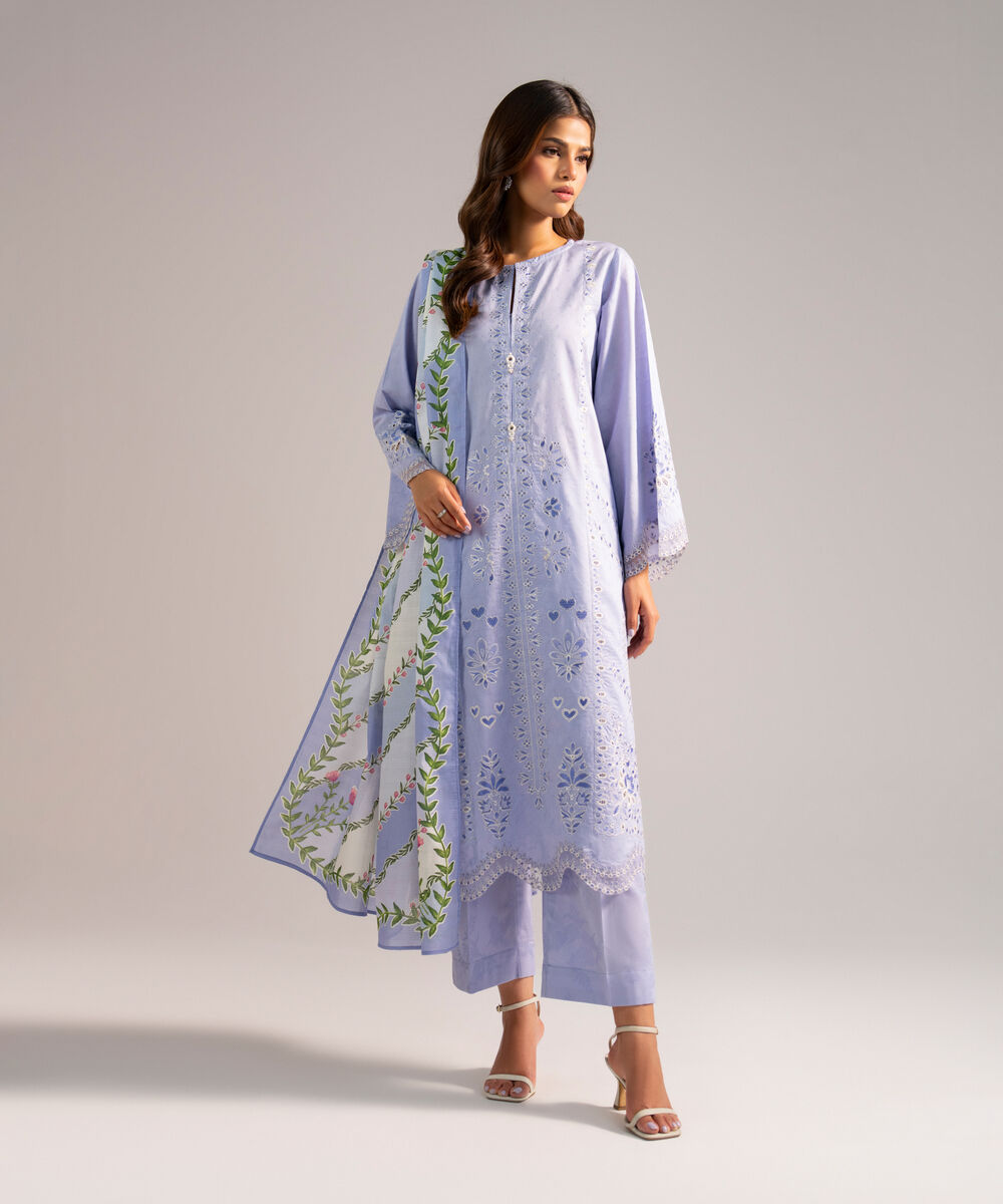 Women's RTW Self Jacquard Embroidered Lilac 3 Piece Suit