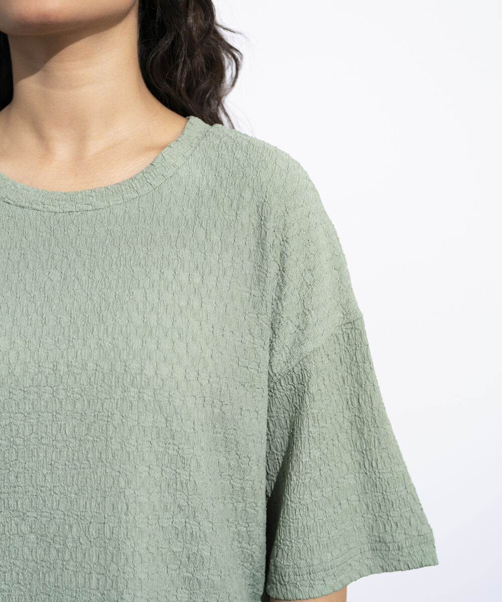 Women's Sage Green Short Body Textured T-Shirt