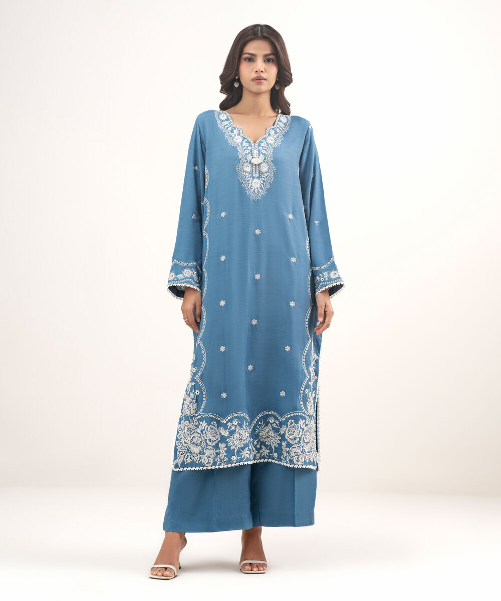 Women's RTW Viscose Raw Silk Embroidered Blue 2 Piece Suit