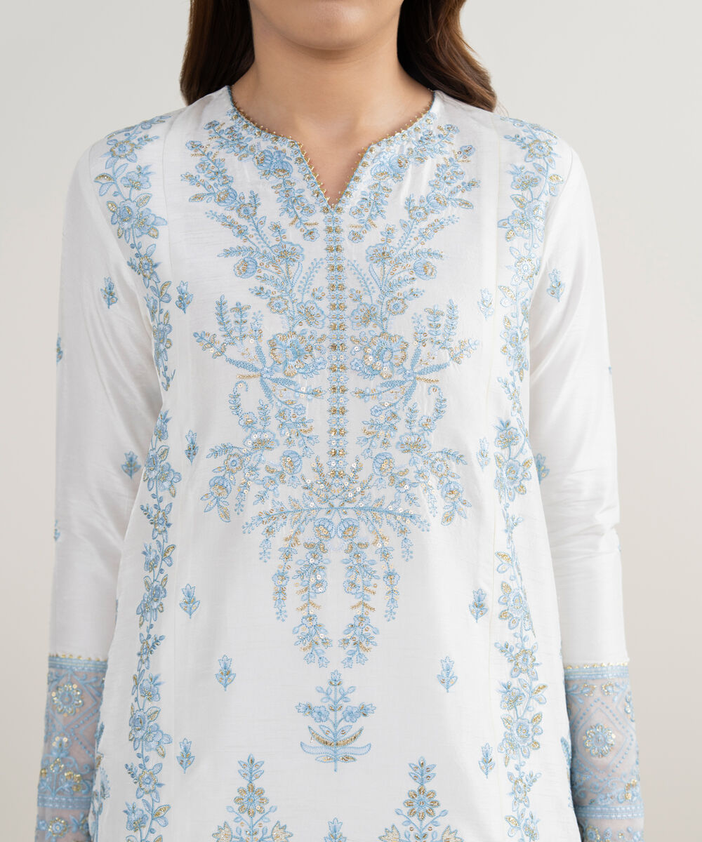 Women's Unstitched Raw Silk Embroidered White  3 Piece Suit