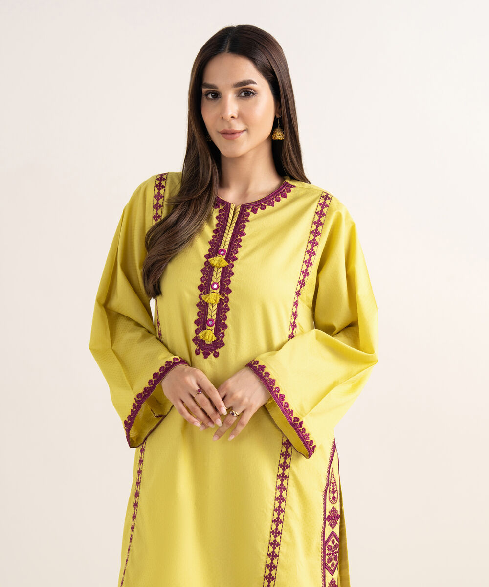 Women's RTW Textured Cotton Yellow Embroidered Boxy Shirt