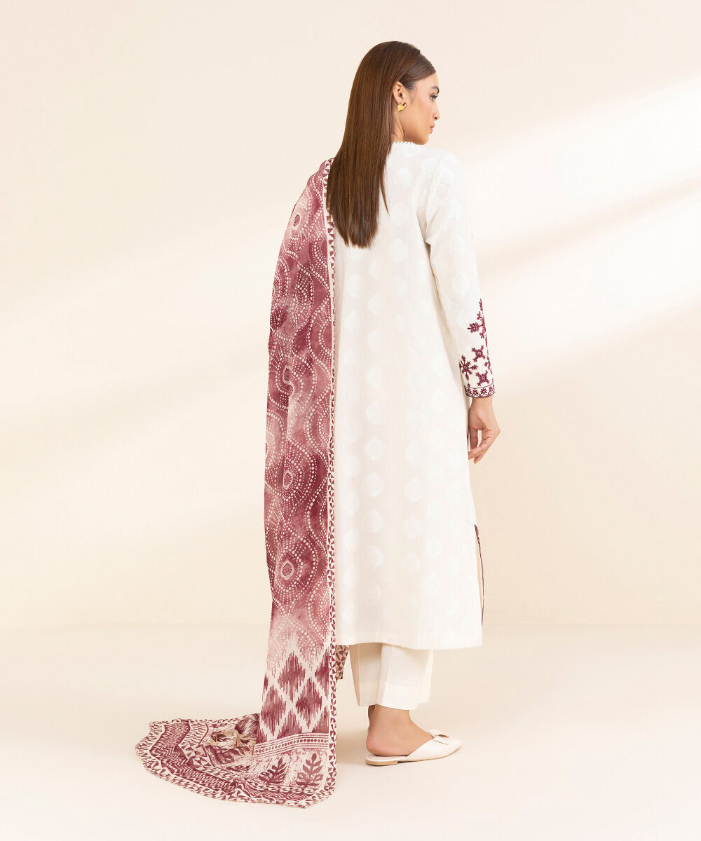 Women's Unstitched Off-White Extra Weft Jacquard, Jacquard 3 Piece Suit