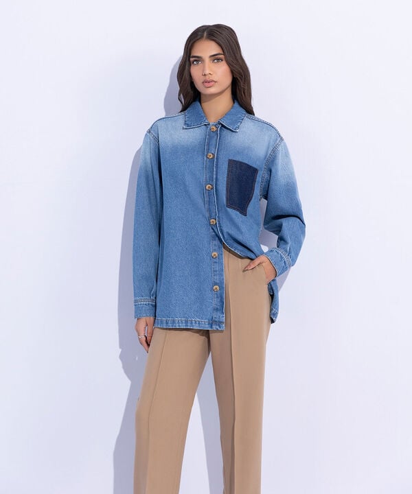 Denim Overshirt with Contrasting Pocket null
