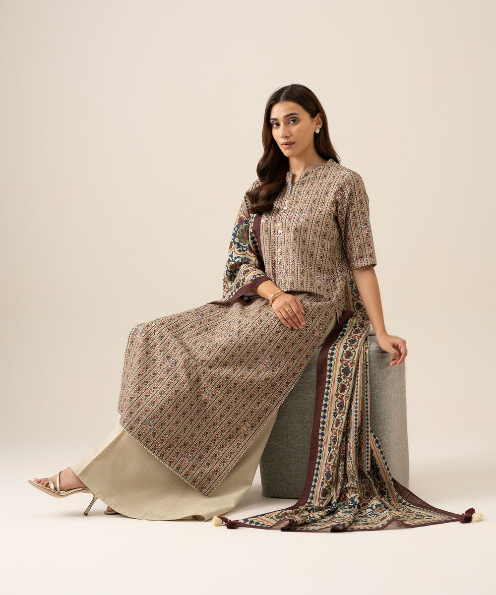 Women's Unstitched Light Khaddar Embroidered Beige 3 Piece Suit
