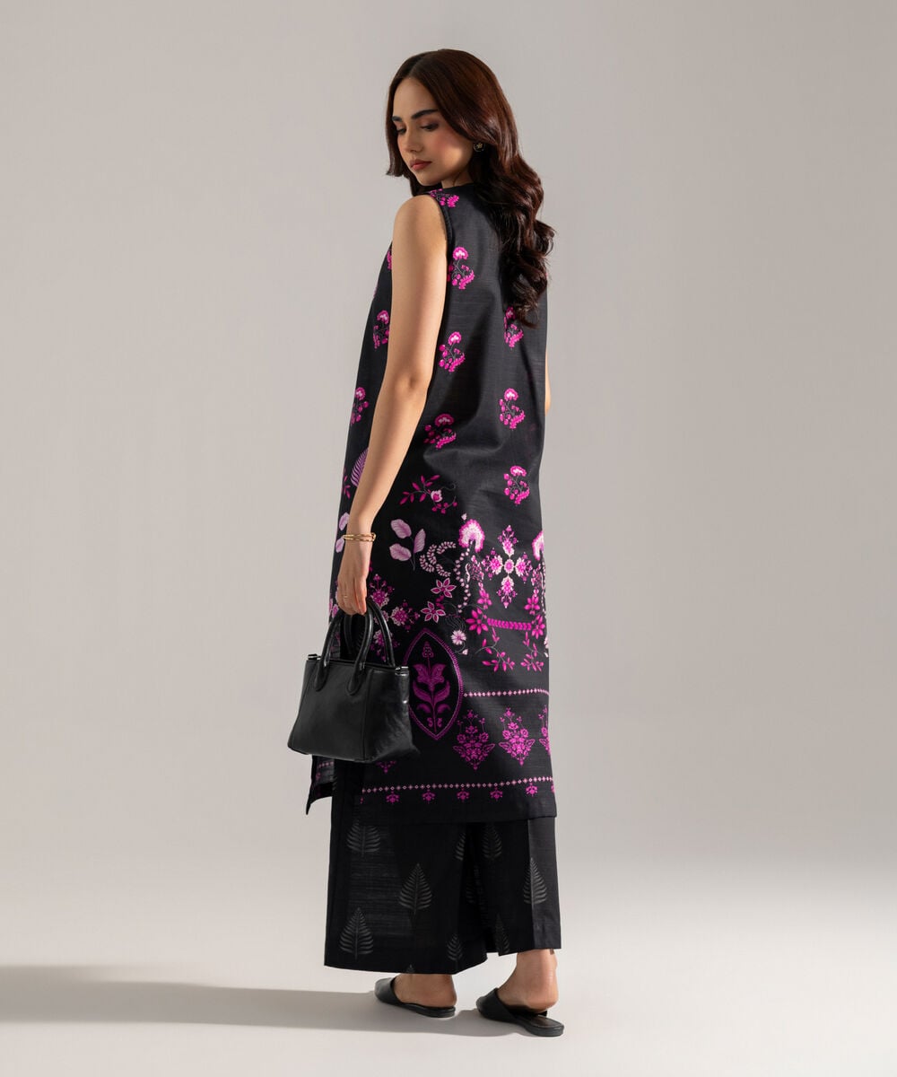Women's RTW Printed Black Khaddar A-Line Shirt