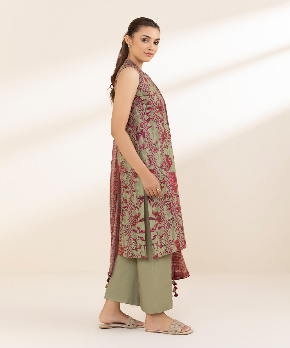 Unstitched Women's Printed Lawn Green Two Piece Suit