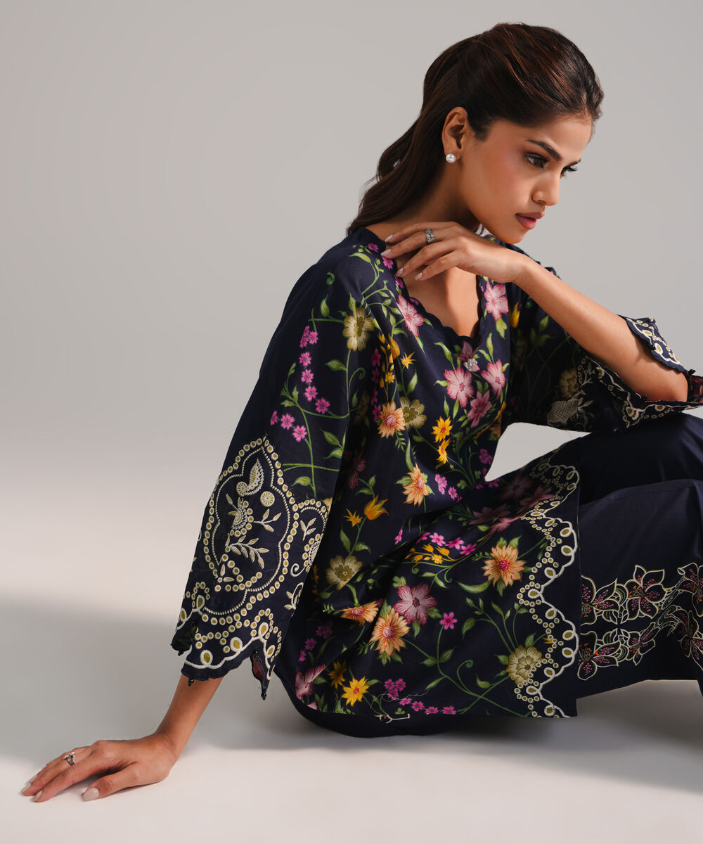 Women's RTW Lawn Printed Dark Blue Straight Shirt