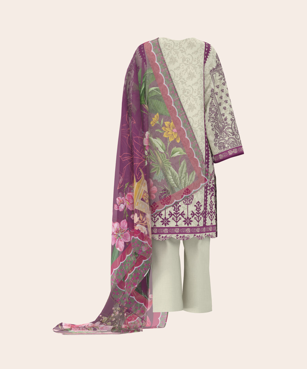 Women's Unstitched Lawn Cream  Embroidered 3 Piece Suit