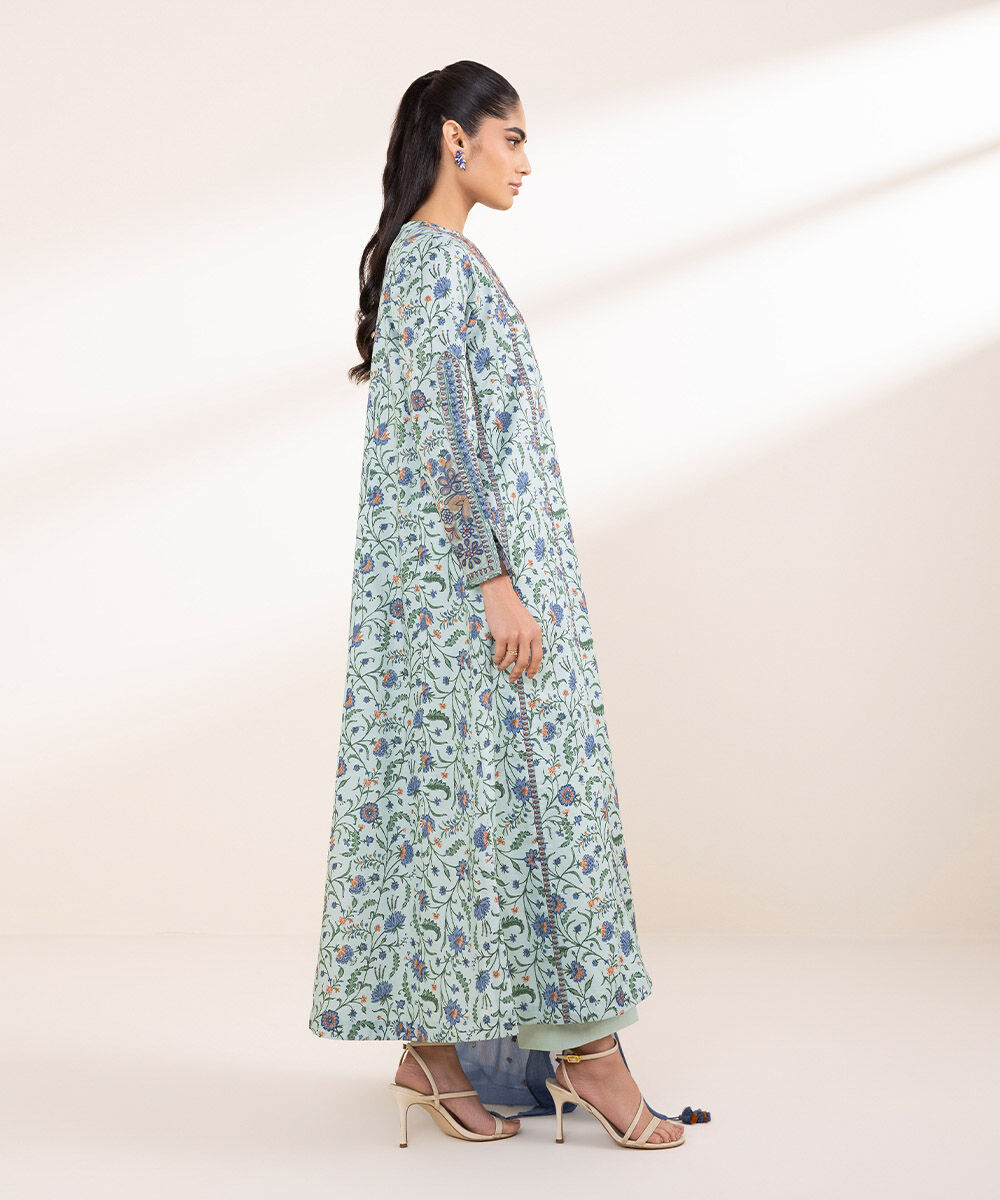 Unstitched Women's Embroidered Lawn Blue Three Piece Suit