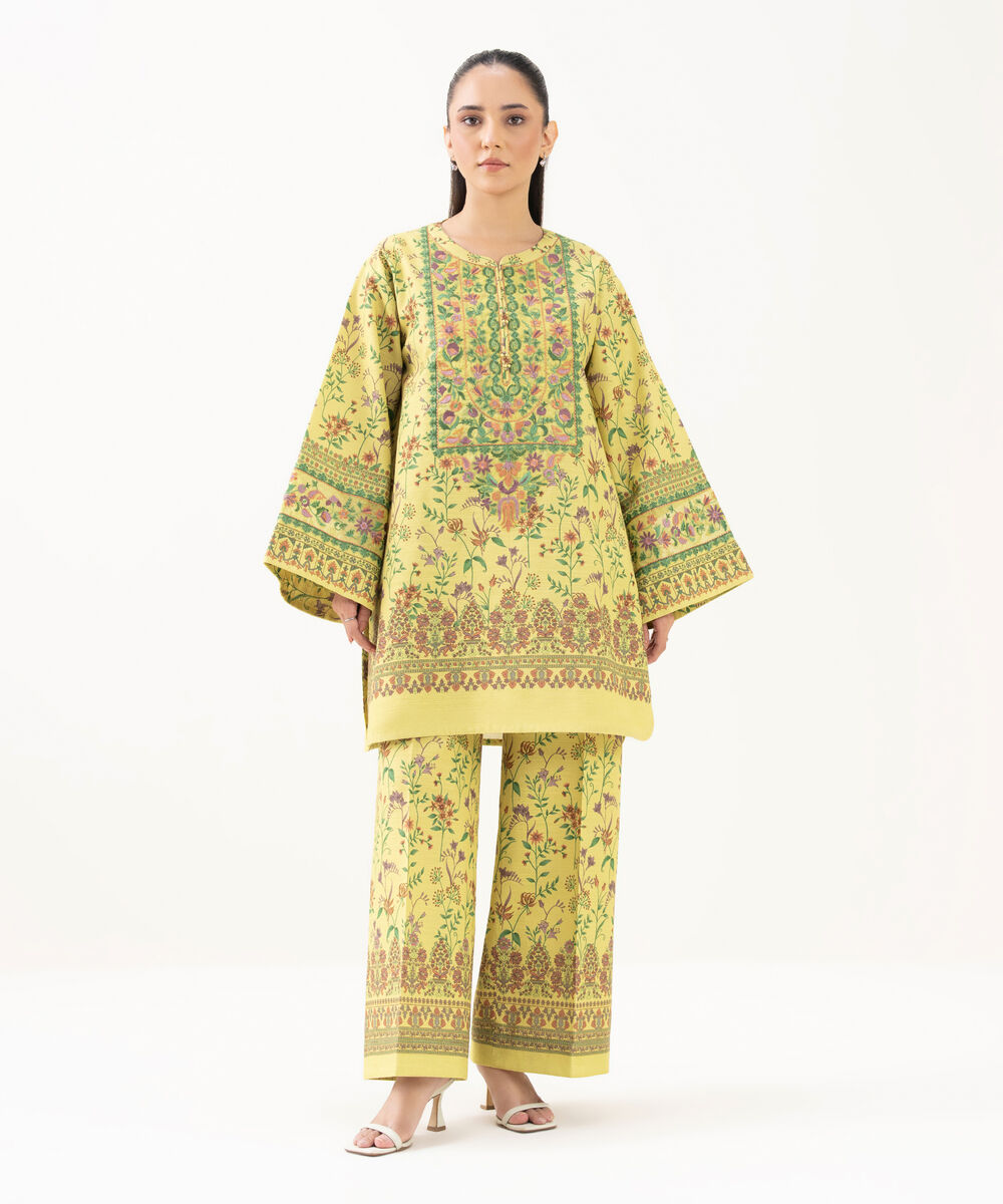 Women's Unstitched Lawn Embroidered Yellow 2 Piece Suit