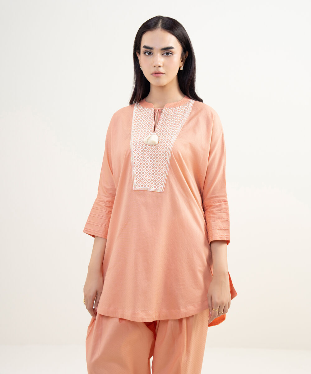 Women's RTW Dobby Embroidered Pink Drop Shoulder Shirt