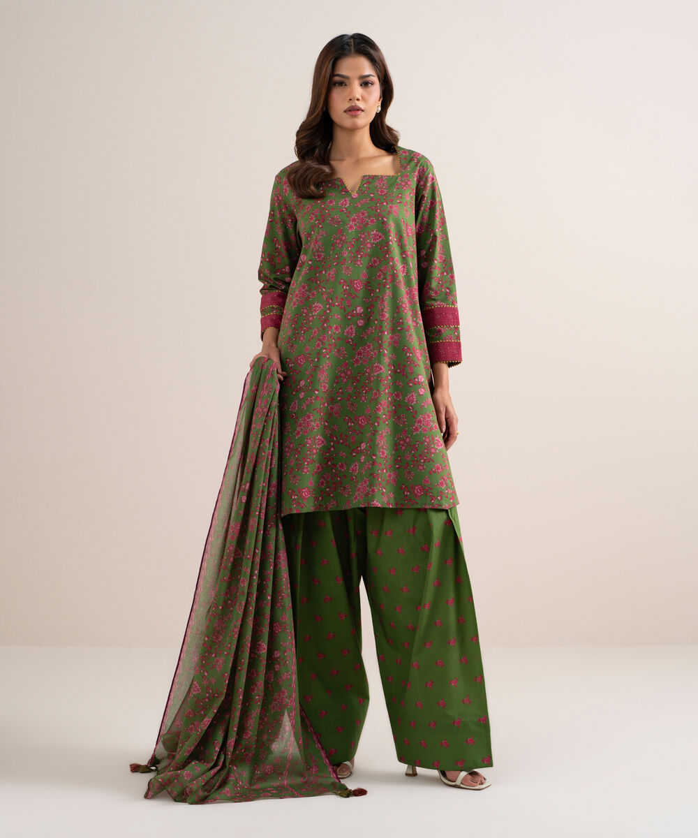 Women's Unstitched Lawn Printed Olive Green 3 Piece Suit