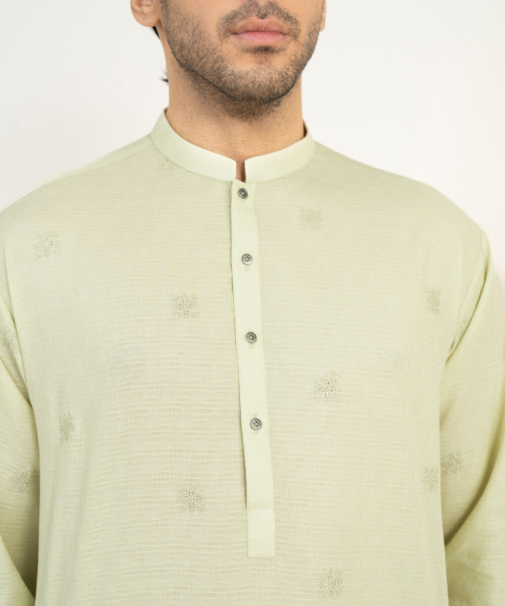 Men's Stitched Cotton Dobby Lime Kurta