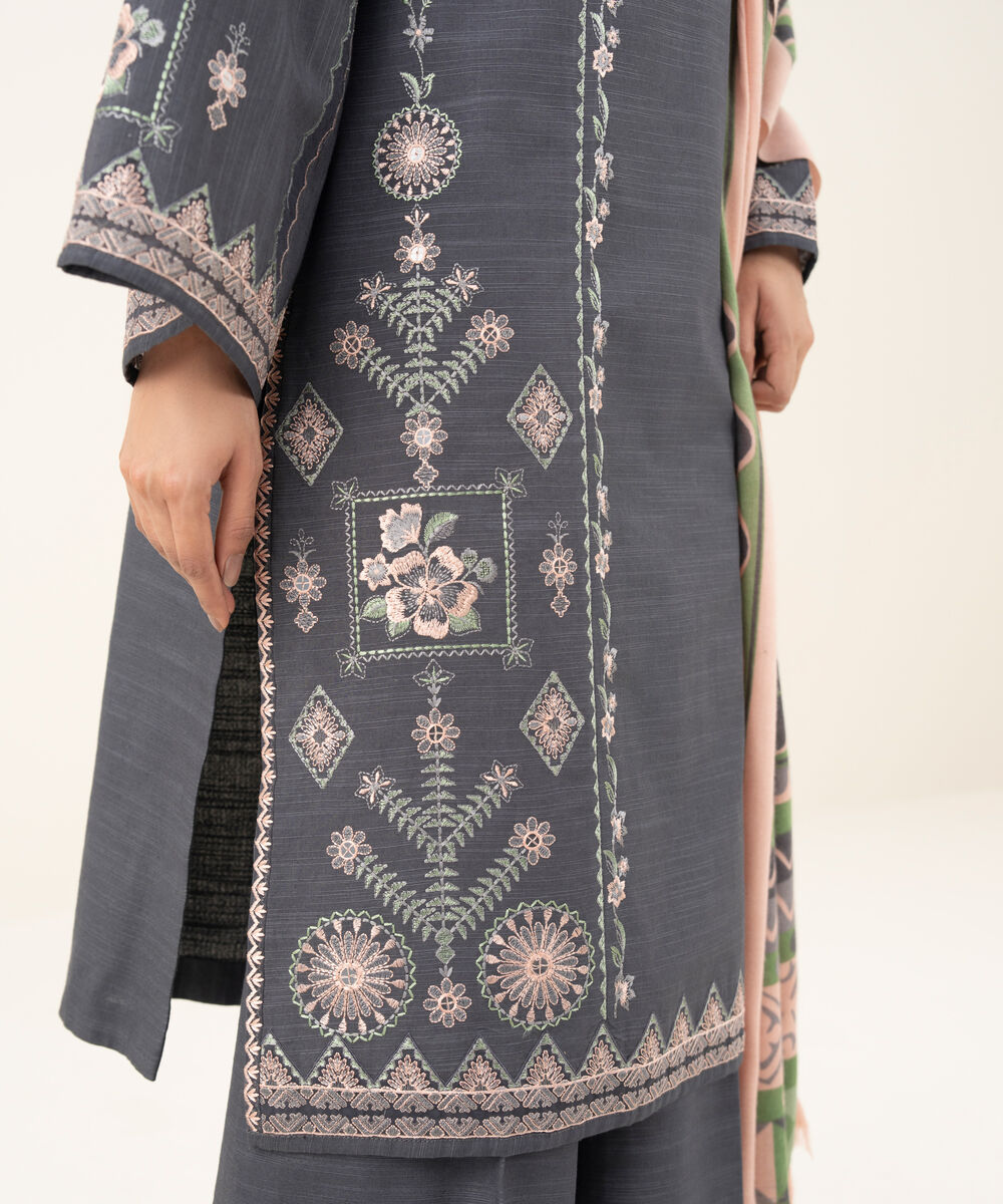 Women's Unstitched Embroidered Zari Khaddar Grey 3 Piece Suit