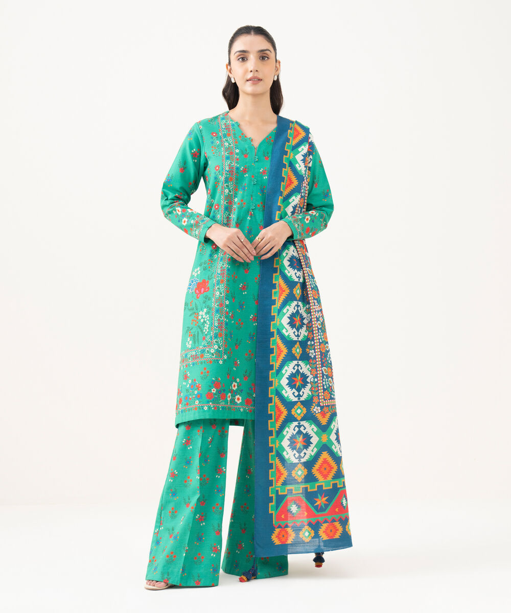 Women's Unstitched Khaddar Printed Green  3 Piece Suit