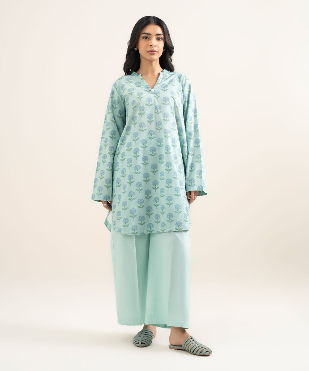 Women's RTW Cotton Viscose Printed Blue Straight Shirt