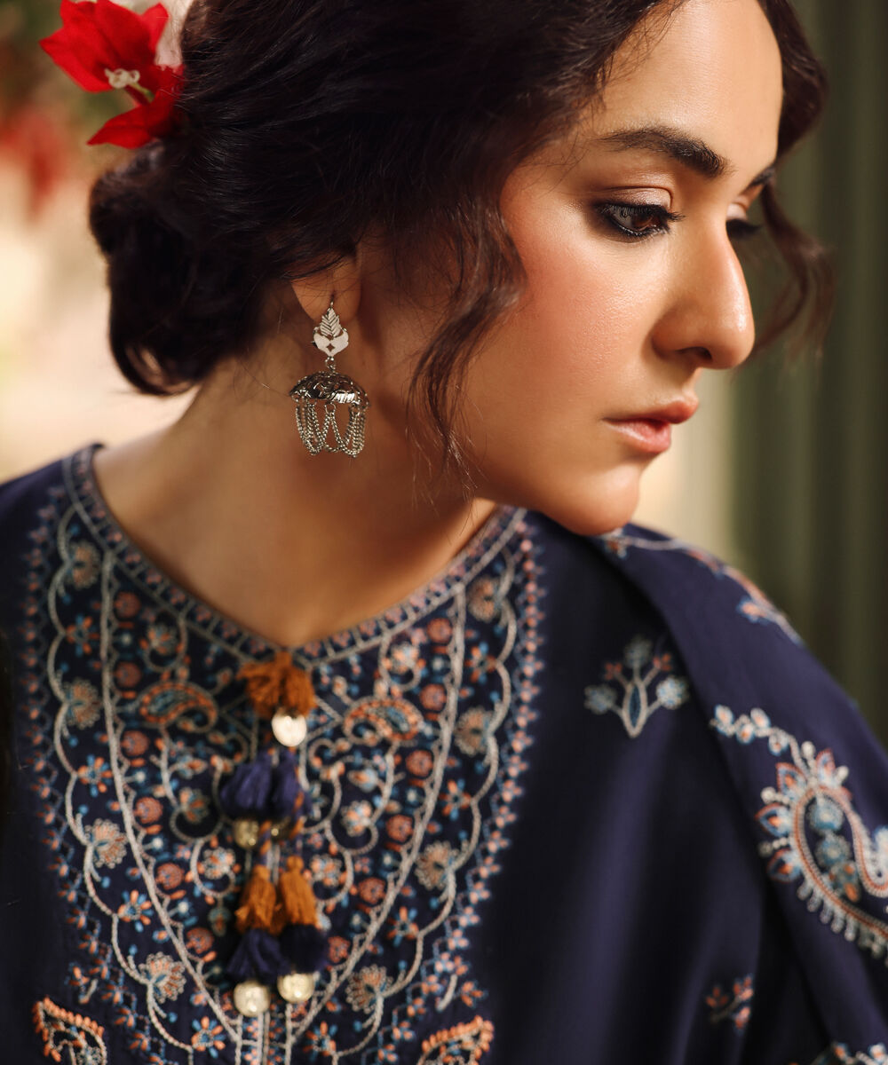 Women's Unstitched Cotton Karandi Embroidered Blue 3 Piece Suit