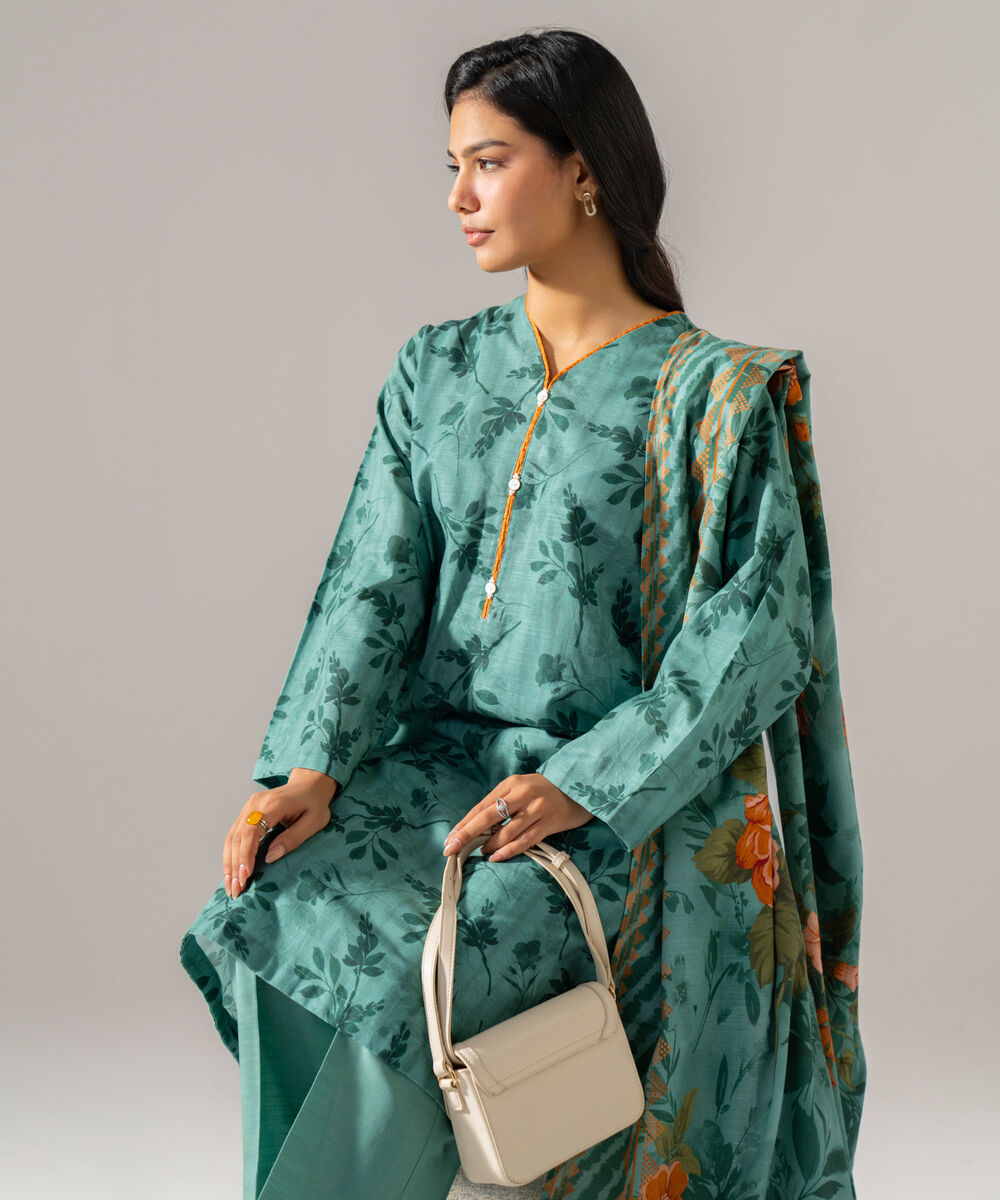 Women's RTW Khaddar Printed Teal 3 Piece Suit