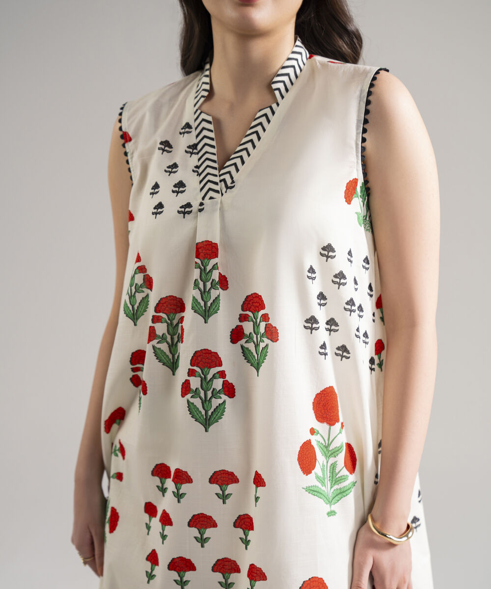Women's RTW Slub Lawn Printed White Straight Shirt