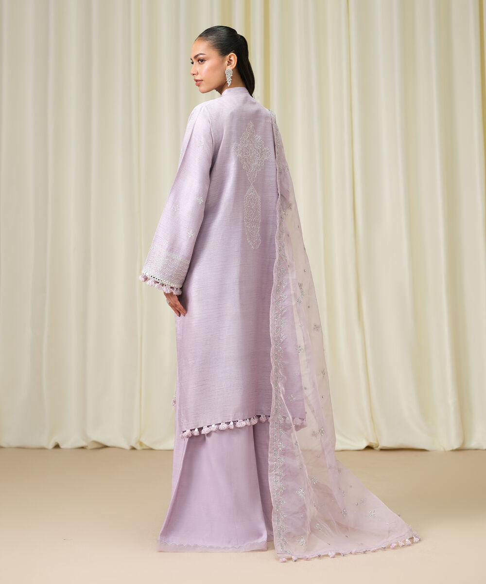 Women's Unstitched Raw Silk Embroidered Purple 3 Piece Suit