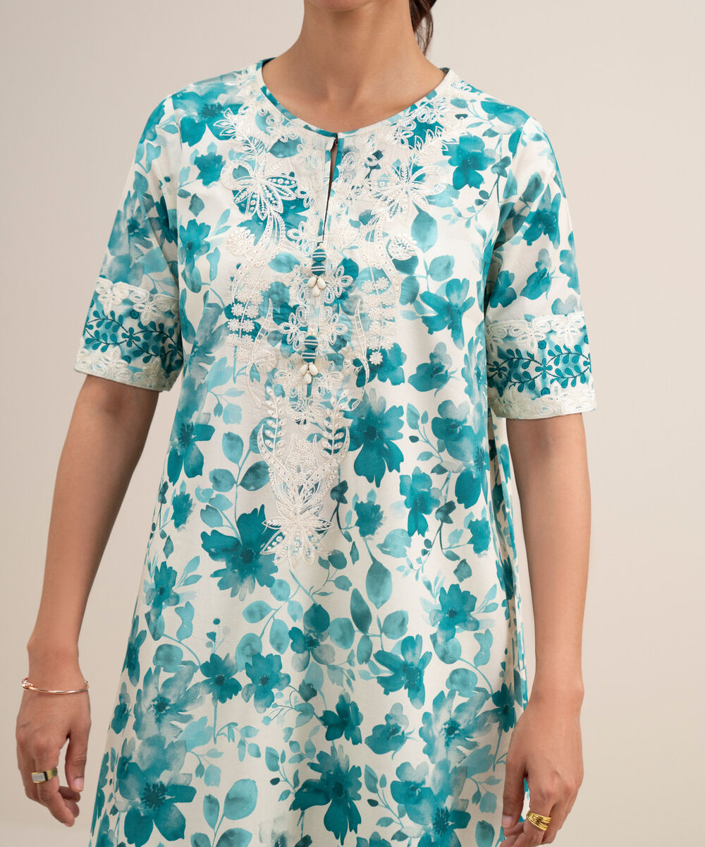 Women's Unstitched Lawn Embroidered Off White and Blue 3 Piece Suit