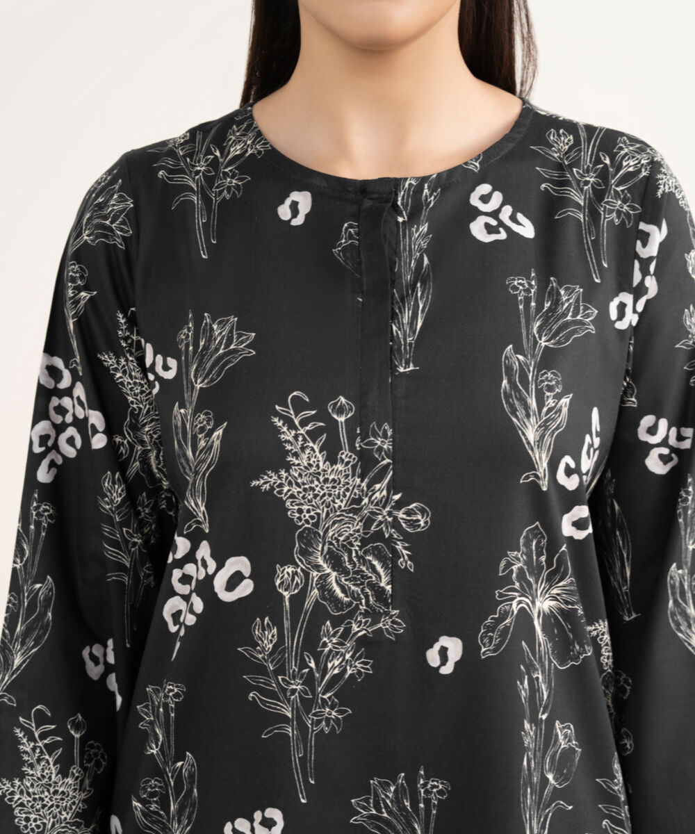 Women's RTW Viscose Lawn Black Printed Straight Shirt