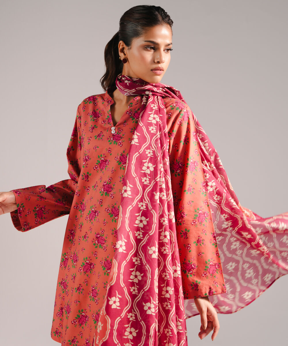 Women's RTW Cotton Viscose Printed Coral 2 Piece Suit