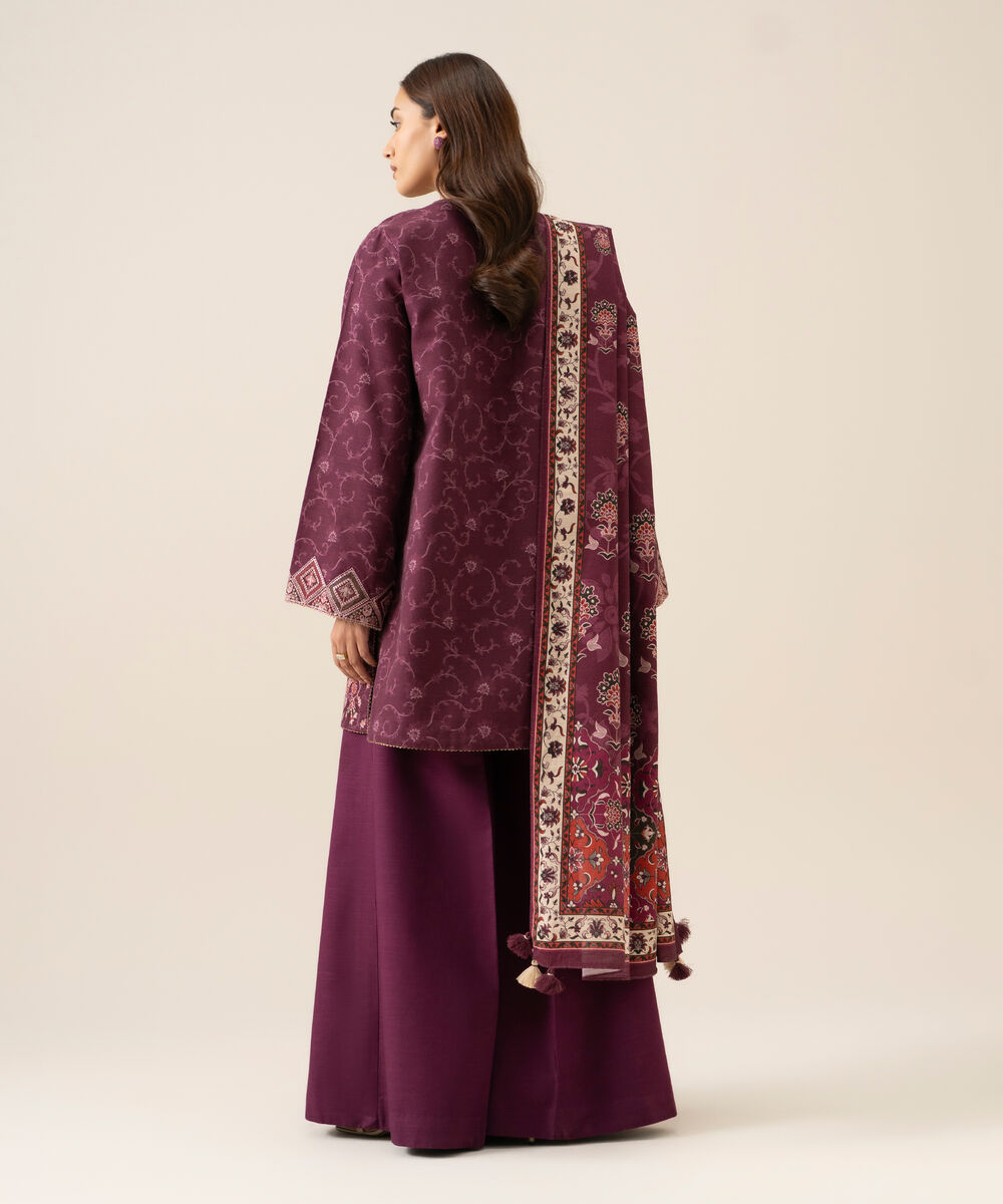 Women's Unstitched Light Khaddar Embroidered Plum 3 Piece Suit