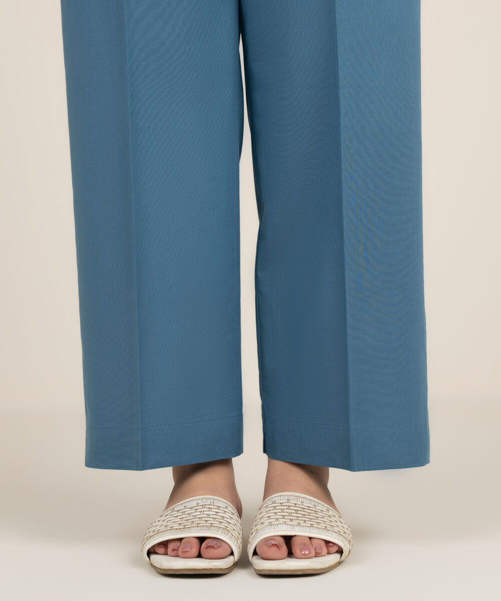 Women's RTW Cambric Solid Blue Straight Pants