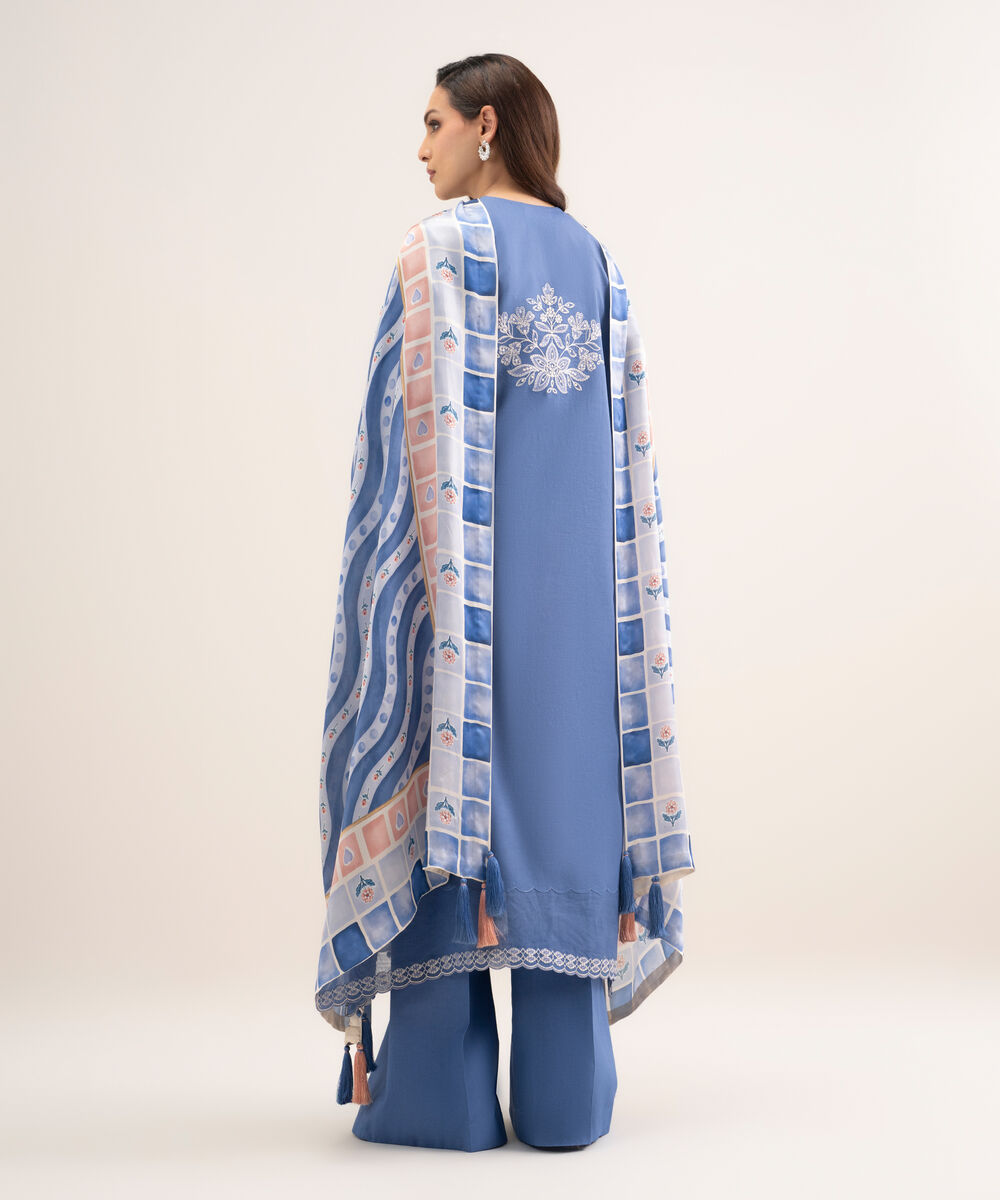 Women's Unstitched Textured Lawn Embroidered Blue  3 Piece Suit