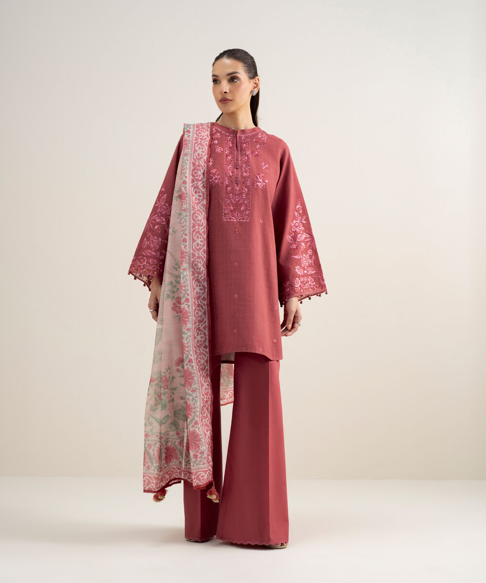 Women's Unstitched Dobby Embroidered Red 3 Piece Suit