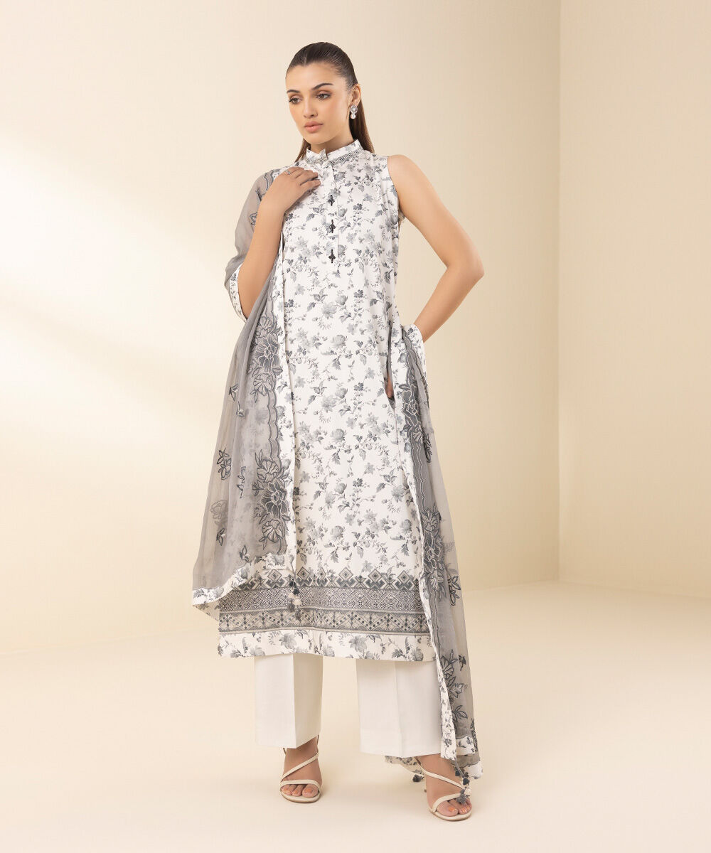 Unstitched Women's Embroidered Fine Cotton Satin Off White Three Piece Suit