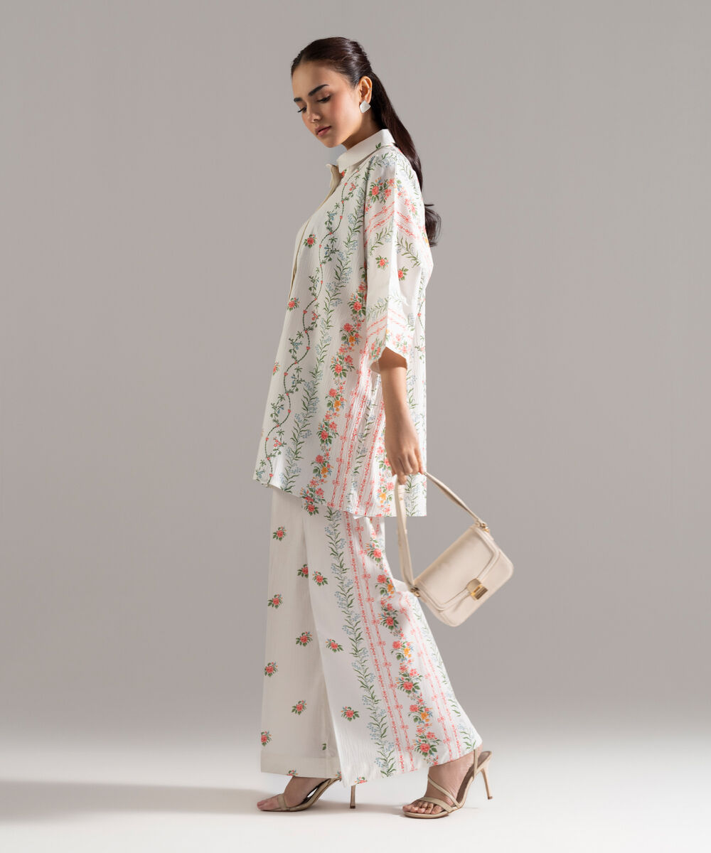Women's RTW Seersucker Printed Grey 2 Piece Suit