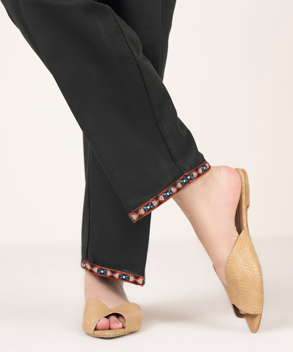 Women's RTW Khaddar Embroidered Black Straight Pants