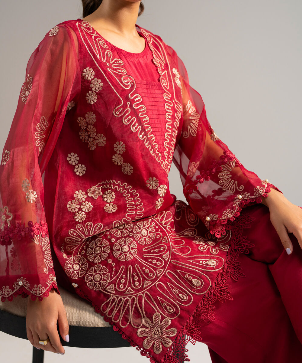 Women's RTW Organza Embroidered Red 2 Piece Suit