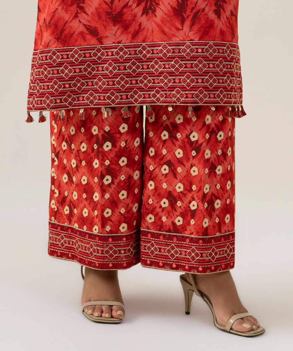 Women's Unstitched Linen Embroidered Red 2 Piece Suit