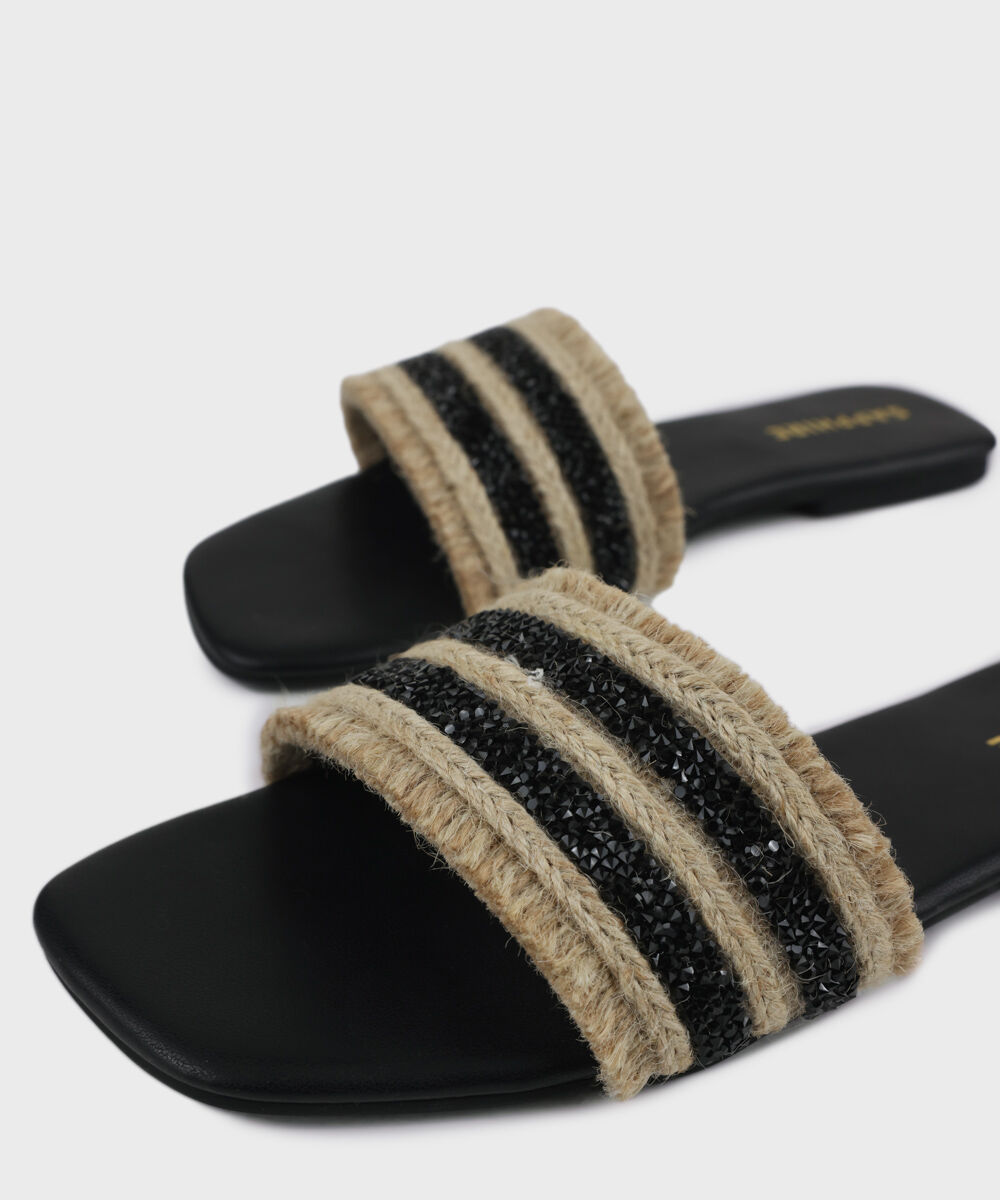 Woman - Black Embellished Jute Flats