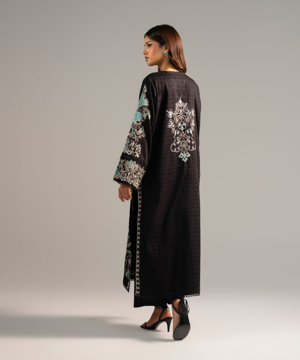 Women's RTW Dobby Embroidered Black A-Line Shirt