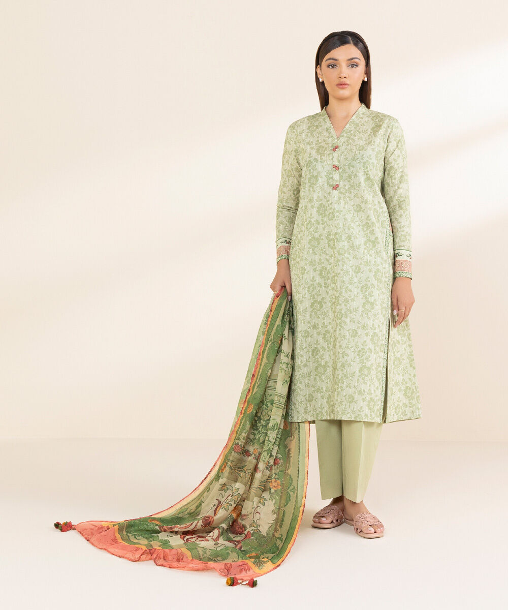 Green - 3pc Handloom Mulberry Unstitched Suit Material Set