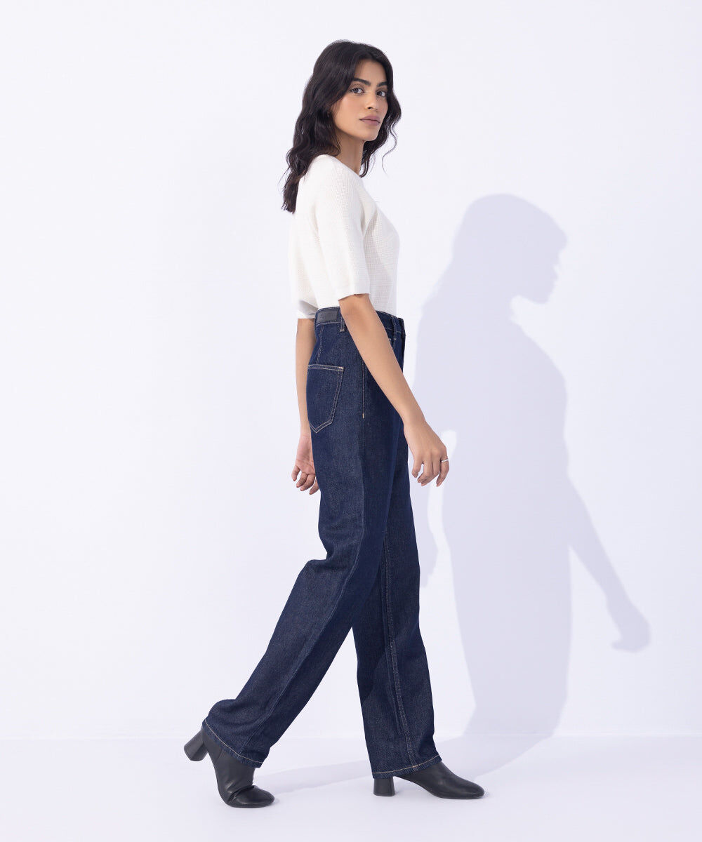 Woman - Blue Straight Fit Denim with Turn-Up Hem