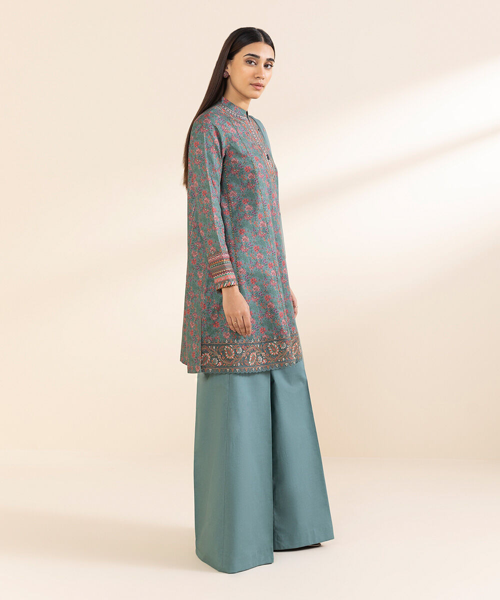Unstitched Women's Embroidered Lawn Blue Three Piece Suit