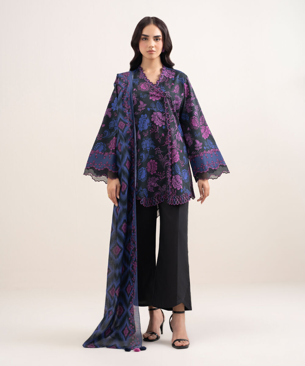 Women's Unstitched Lawn Embroidered Black 2 Piece Suit