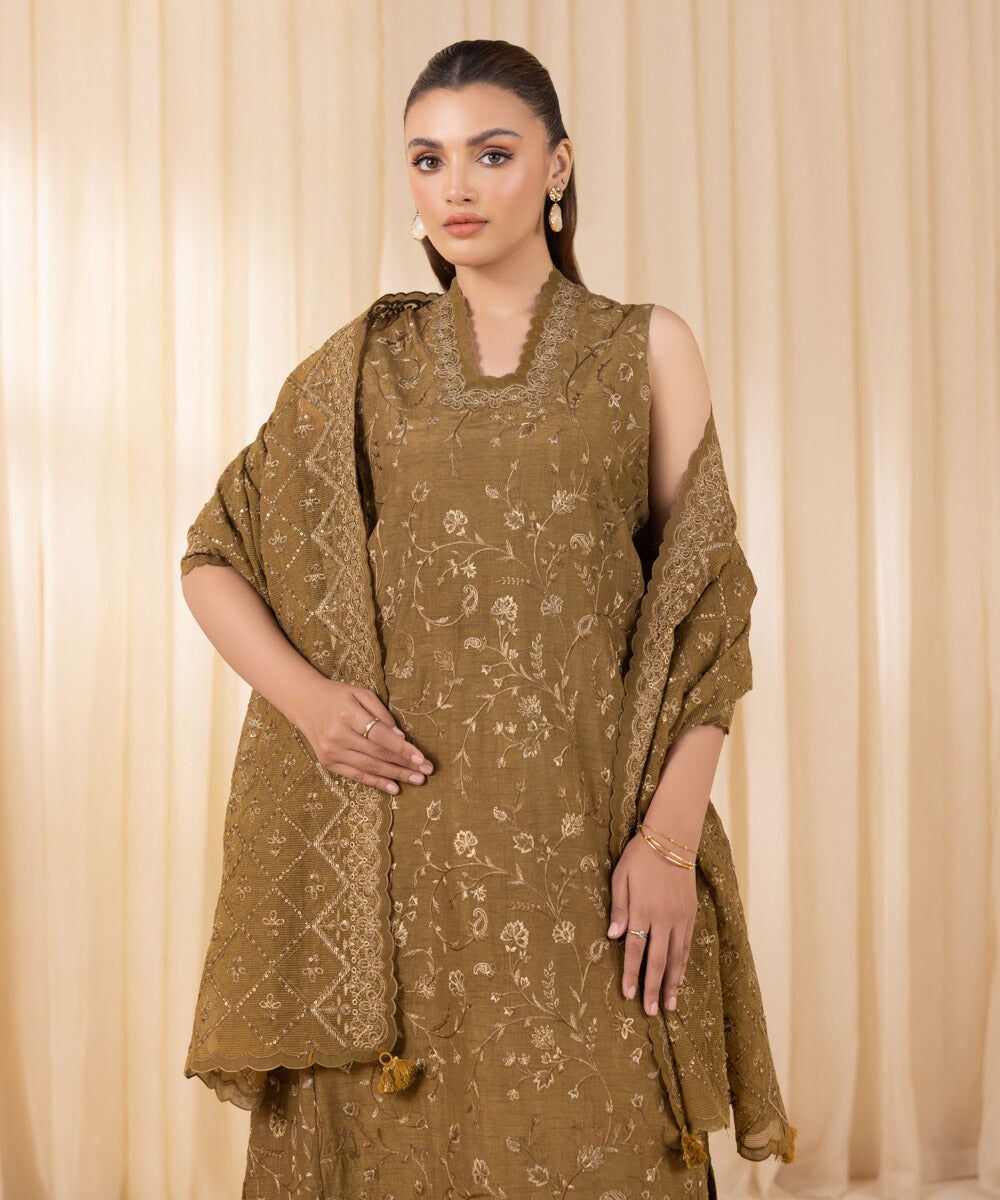 Women's Unstitched Olive Raw Silk Three Piece Suit