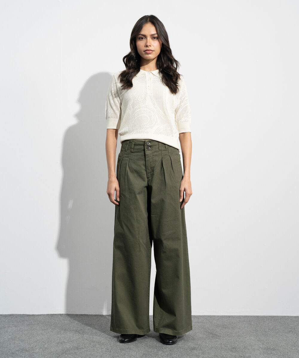 Women's Western Green Khaki Wide Leg Pleated Chino Trousers