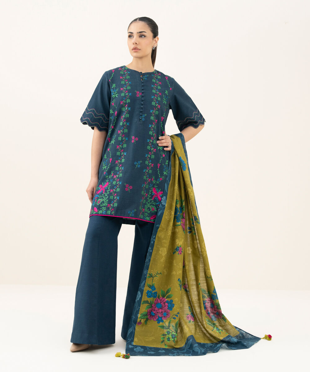 Women's Unstitched Embroidered Khaddar Teal Blue 3 Piece Suit