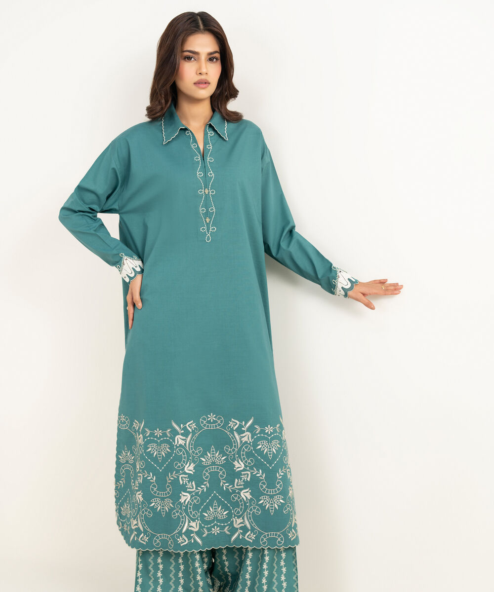 Women's Unstitched Lawn Embroidered Green 2 Piece Suit