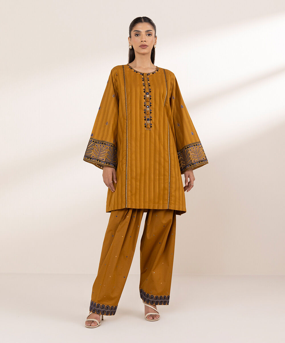 Women's RTW Textured Cotton Orange Embroidered Boxy Shirt