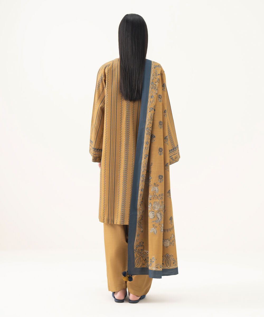 Women's Unstitched Light Khaddar Printed Brown 3 Piece Suit