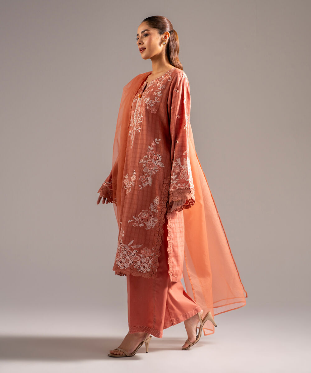 Women's RTW Dobby Embroidered Coral 3 Piece Suit