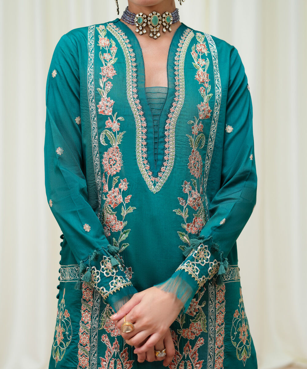 Women's Unstitched Fine Cotton Satin Embroidered Green 3 Piece Suit